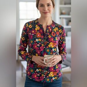 Talbots Multicolor Floral Long Sleeve Flowy Blouse XS BLUE PINK‎ YELLOW GREEN